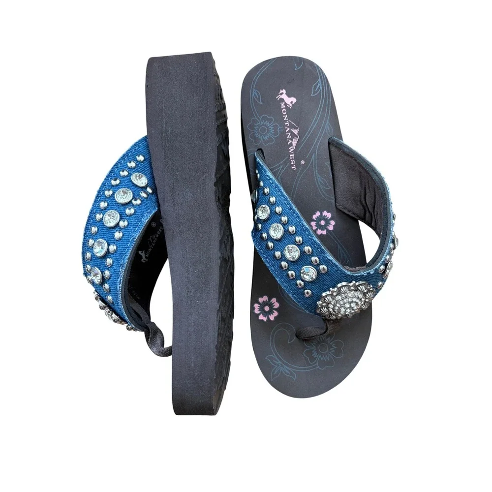 Montana West Womens Denim Rhinestone Studded Platform Flip Flops Blue Size 8